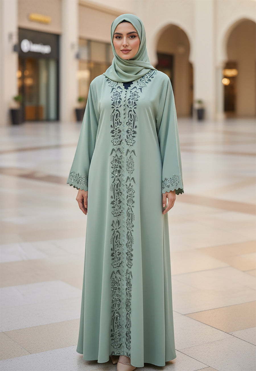 Soft-Sage-Green-Abaya-with-Tonal-Embroidered-Panel-|-Nida-Fabric-800