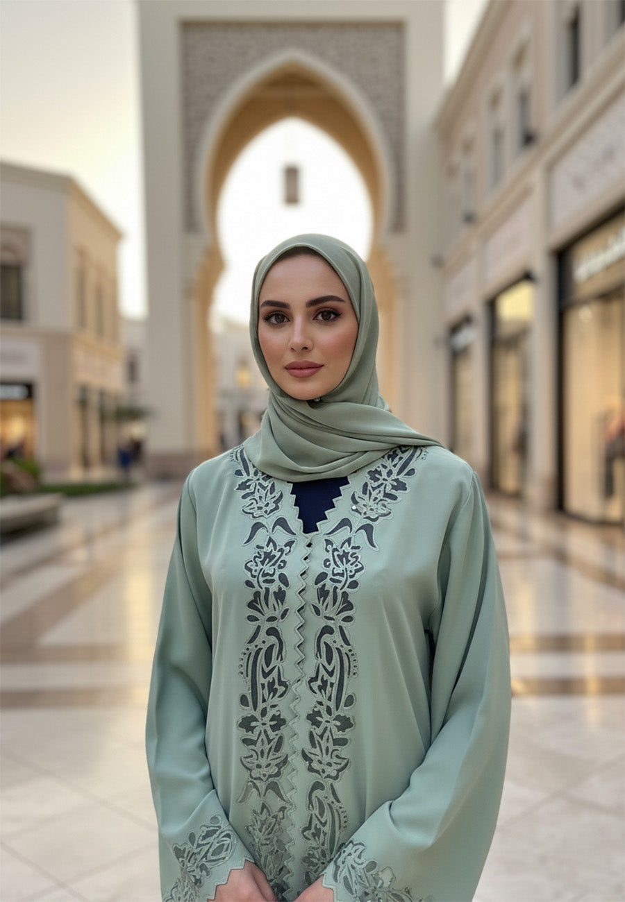 Soft-Sage-Green-Abaya-with-Tonal-Embroidered-Panel-|-Nida-Fabric-800