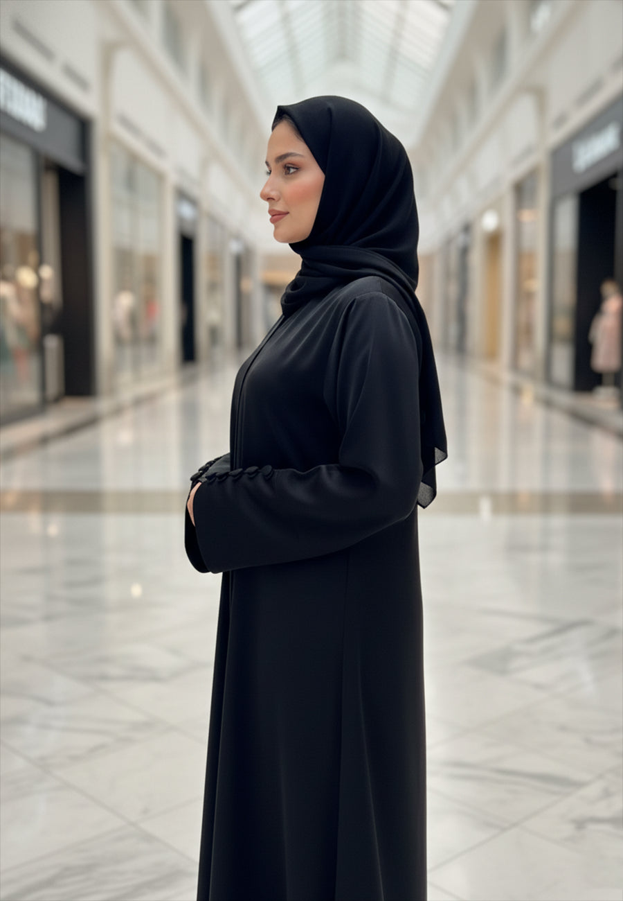 The-Modern-Cuff-Black-Abaya-with-Button-Detail-|-Nida-Fabric-807