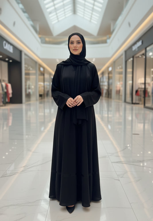 Classic-Black-Abaya-with-Pleated-Band-Detail-|-Nida-Fabric-809