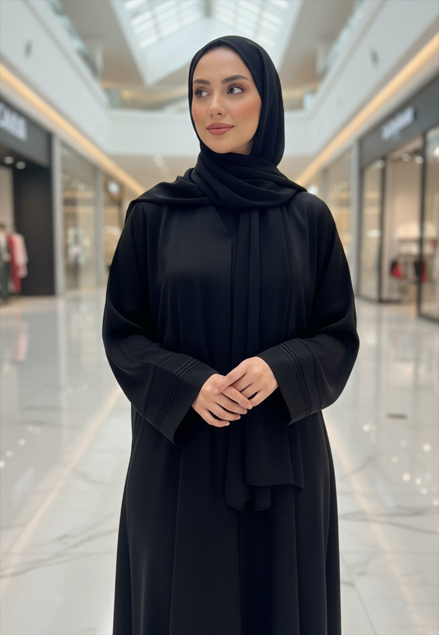 Classic-Black-Abaya-with-Pleated-Band-Detail-|-Nida-Fabric-809