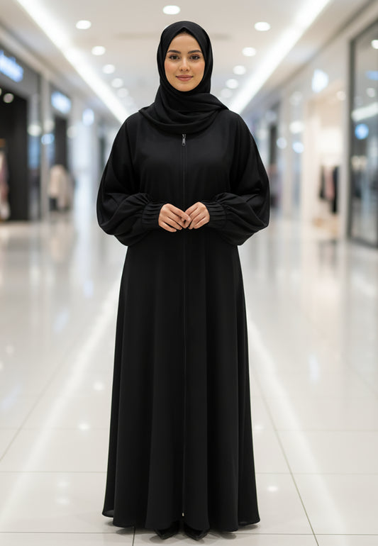 Zip-Front-Nida-Abaya-with-Volume-Ruched-Sleeves-812
