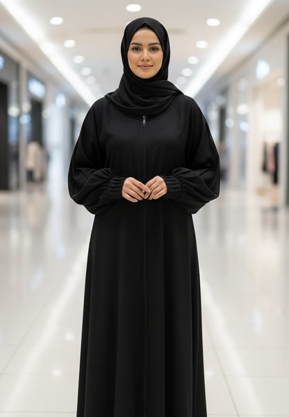 Zip-Front-Nida-Abaya-with-Volume-Ruched-Sleeves-812