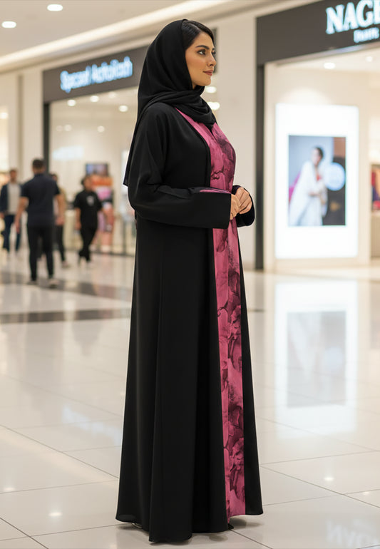 Modern-Bloom-Panel-Abaya-|-Black-Nida-with-Magenta-Floral-Print-813