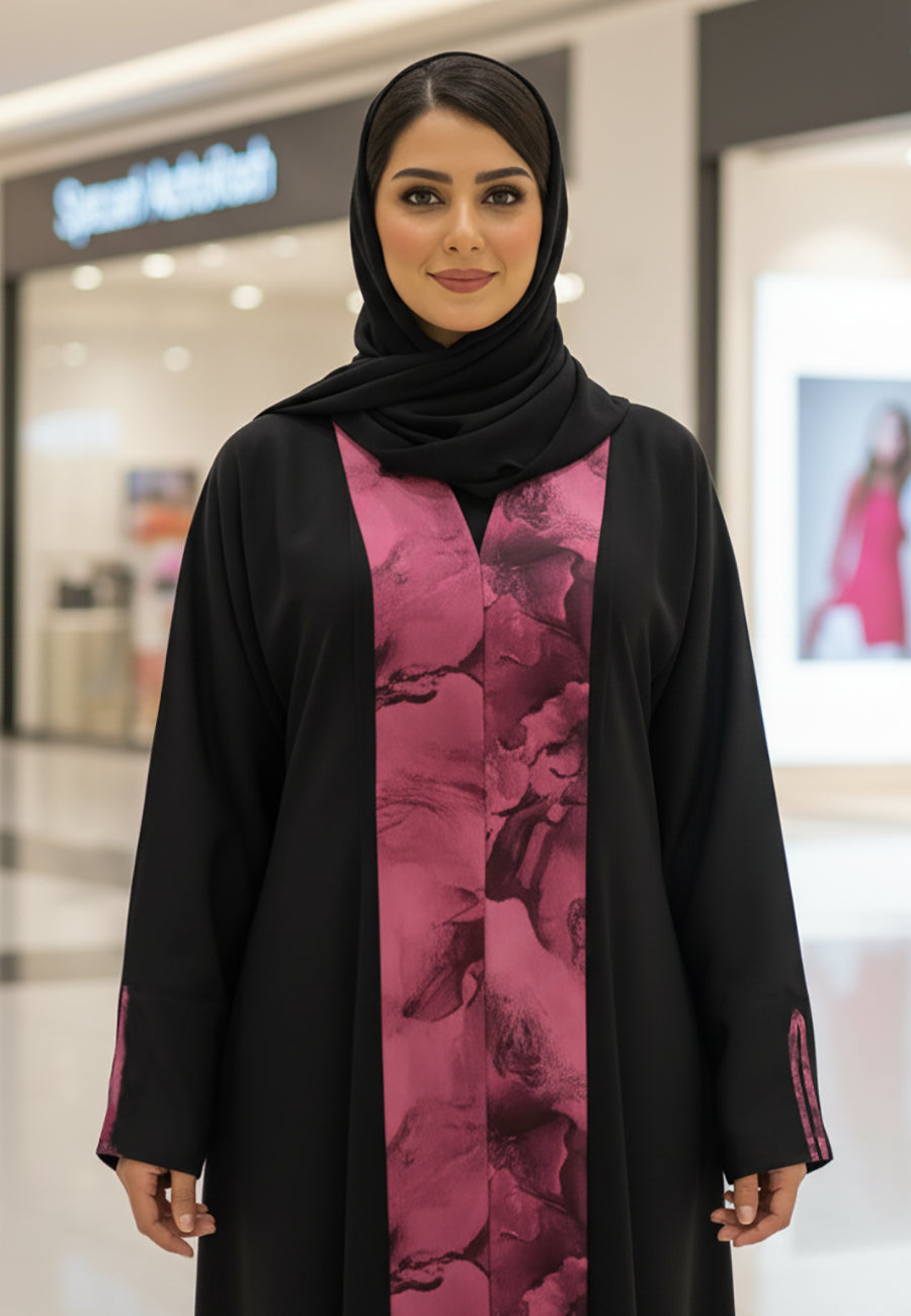 Modern-Bloom-Panel-Abaya-|-Black-Nida-with-Magenta-Floral-Print-813