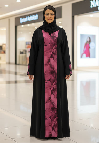 Modern-Bloom-Panel-Abaya-|-Black-Nida-with-Magenta-Floral-Print-813