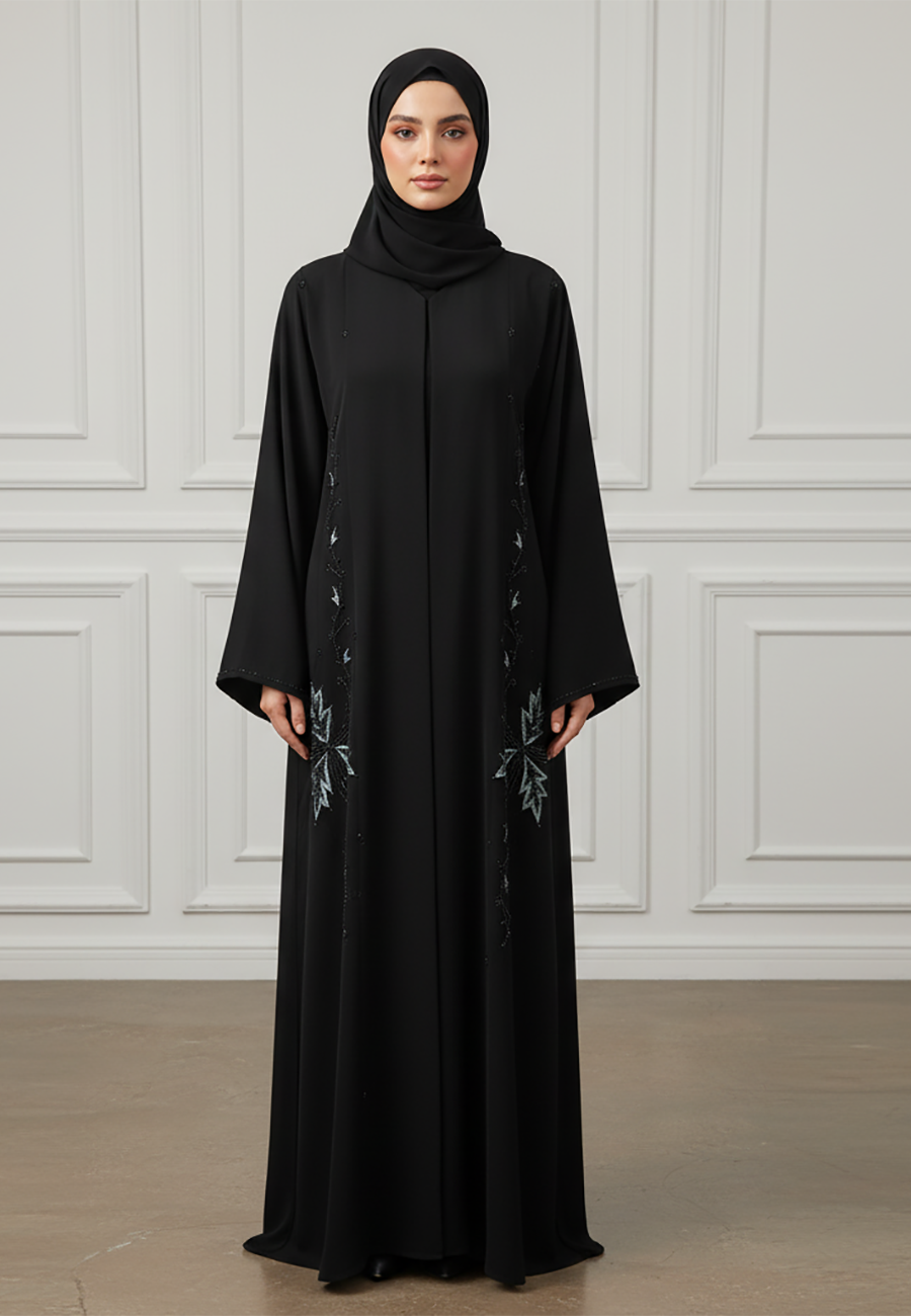 Elegant-Midnight-Black-Abaya-with-Emerald-Floral-Embroidery-876