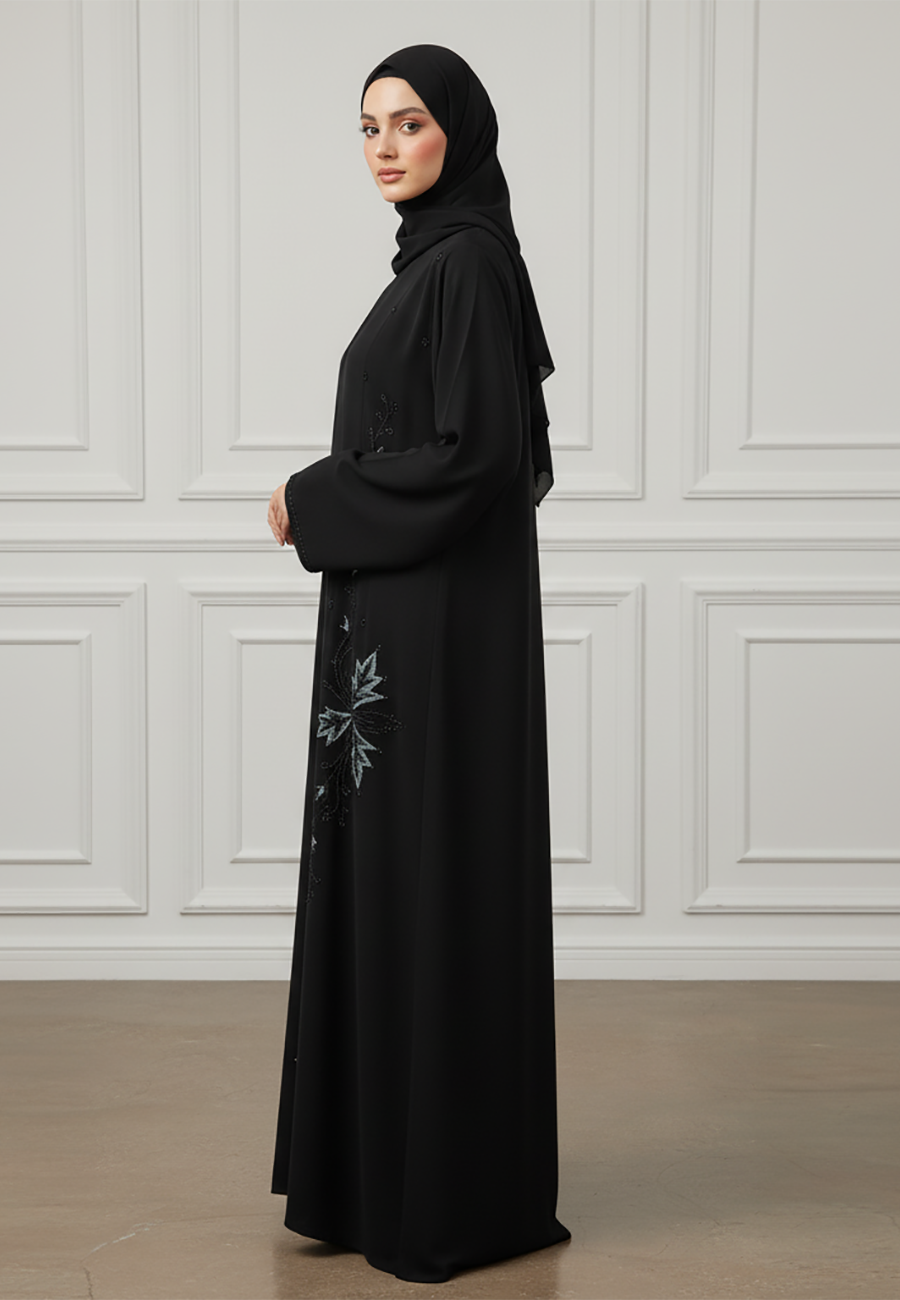 Elegant-Midnight-Black-Abaya-with-Emerald-Floral-Embroidery-876