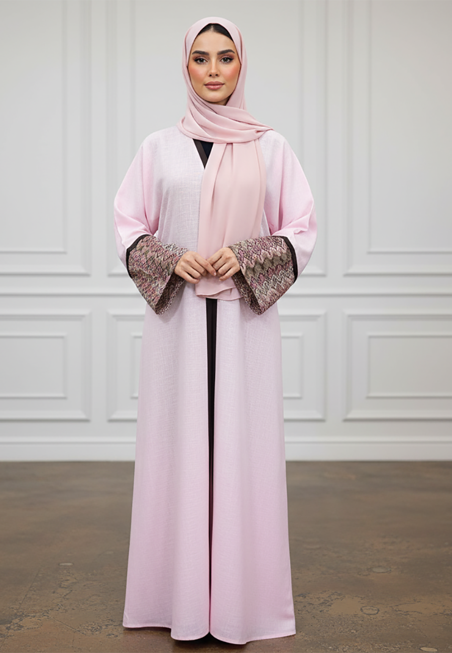 Elegant-Pastel-Pink-Abaya-with-Patterned-Cuffs-|-Linan-Fabric-878