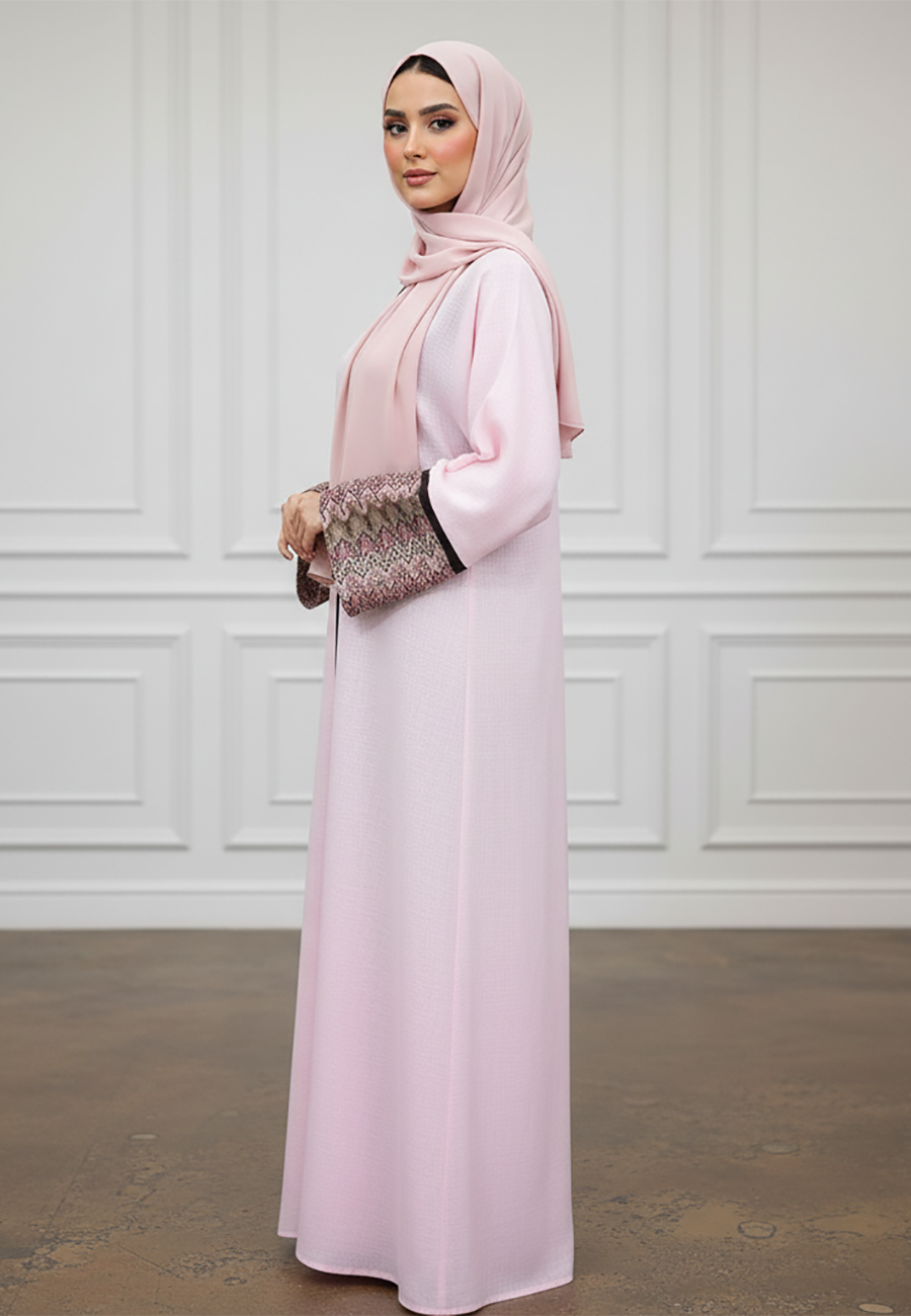 Elegant-Pastel-Pink-Abaya-with-Patterned-Cuffs-|-Linan-Fabric-878