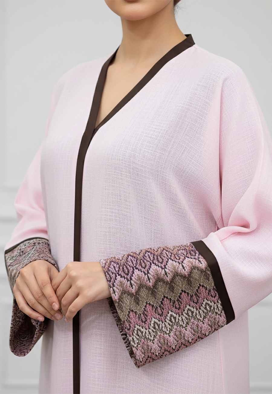 Elegant-Pastel-Pink-Abaya-with-Patterned-Cuffs-|-Linan-Fabric-878