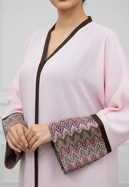 Elegant-Pastel-Pink-Abaya-with-Patterned-Cuffs-|-Linan-Fabric-878