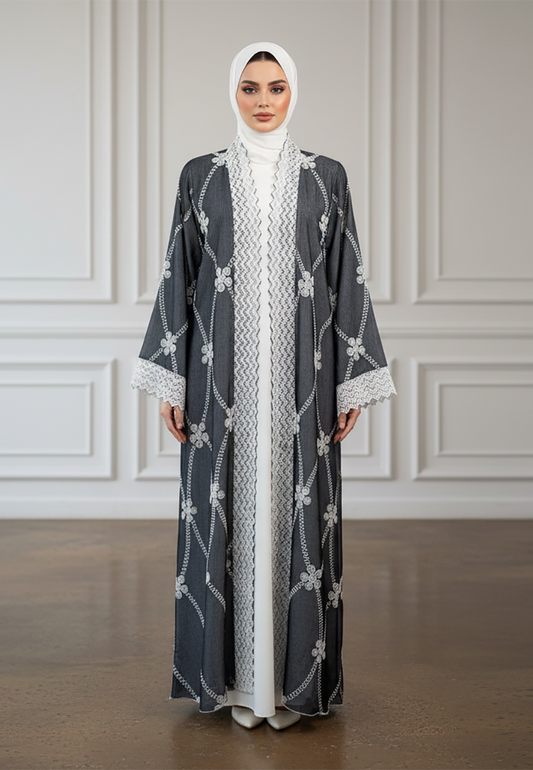Lattice-Lace-Embroidered-Abaya-|-Linen-Blend-Fabric-926
