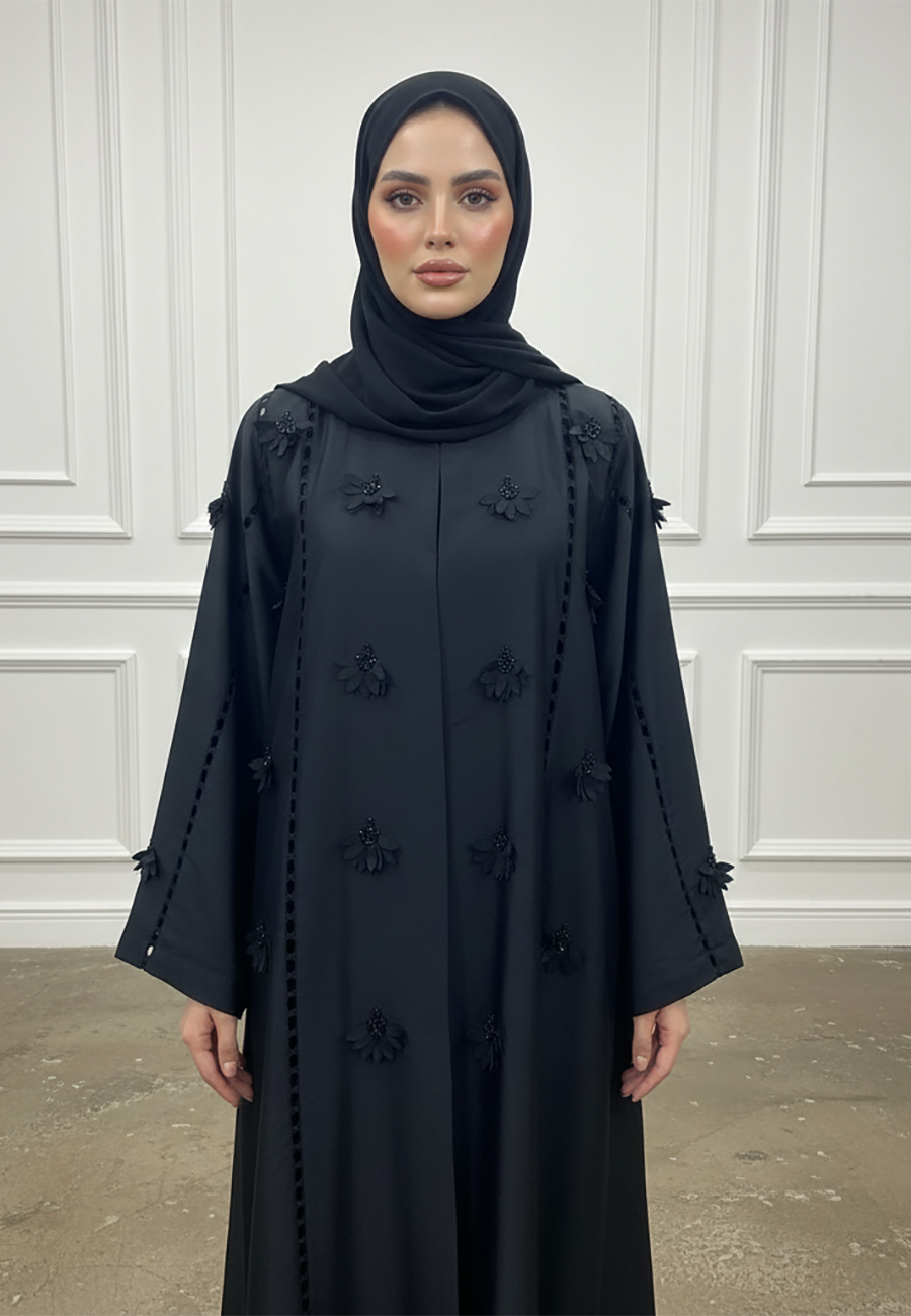 Floral-Applique-Abaya-|Linen-Blend-Fabric-932