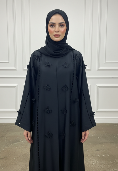 Floral-Applique-Abaya-|Linen-Blend-Fabric-932