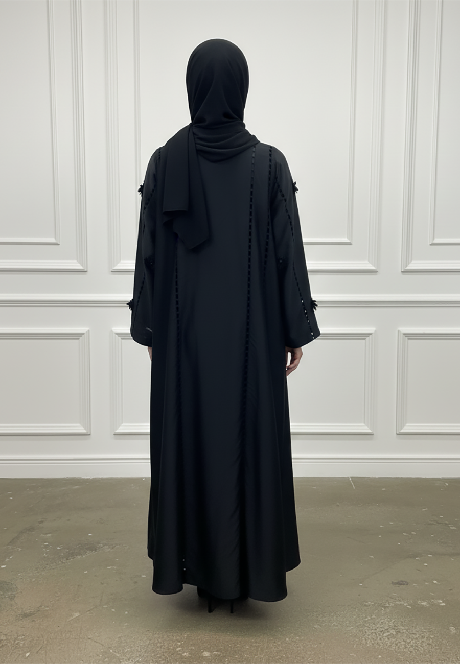 Floral-Applique-Abaya-|Linen-Blend-Fabric-932