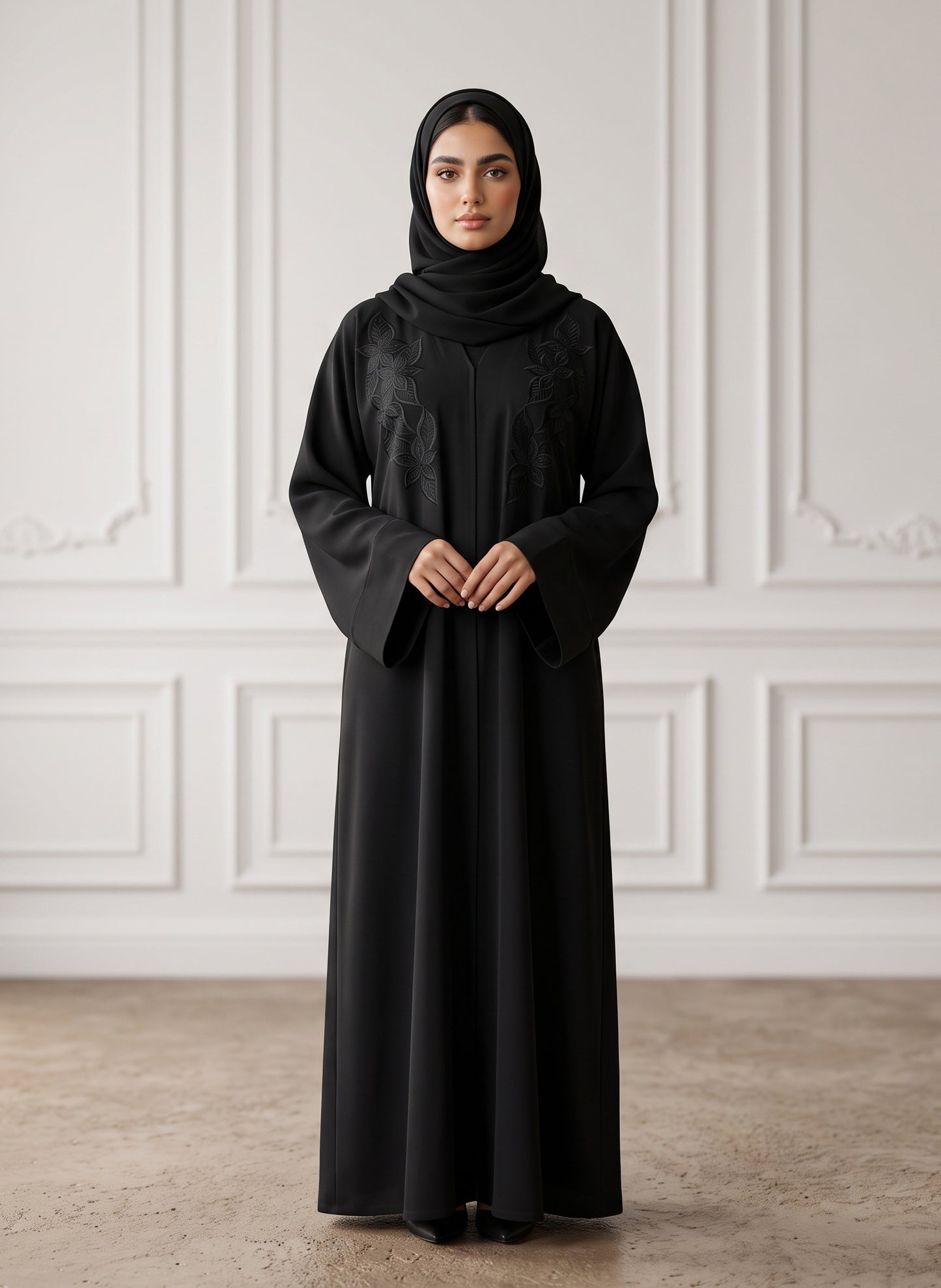 Elegant-Tone-on-Tone-Floral-Black-Abaya-|-Nida-Fabtic-947
