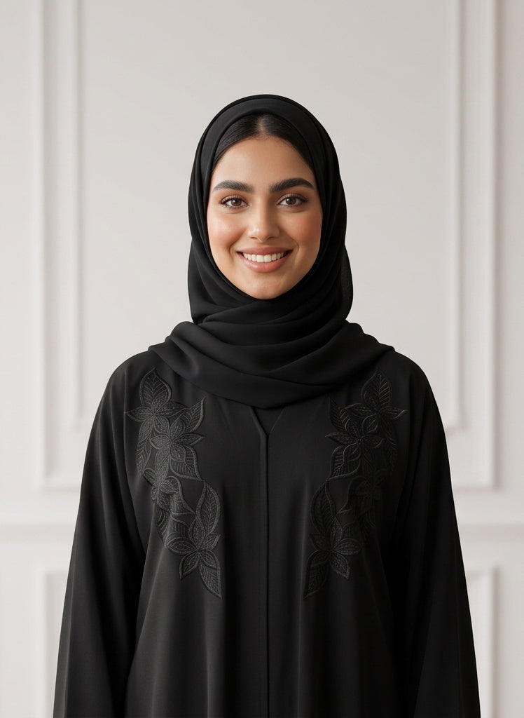 Elegant-Tone-on-Tone-Floral-Black-Abaya-|-Nida-Fabtic-947