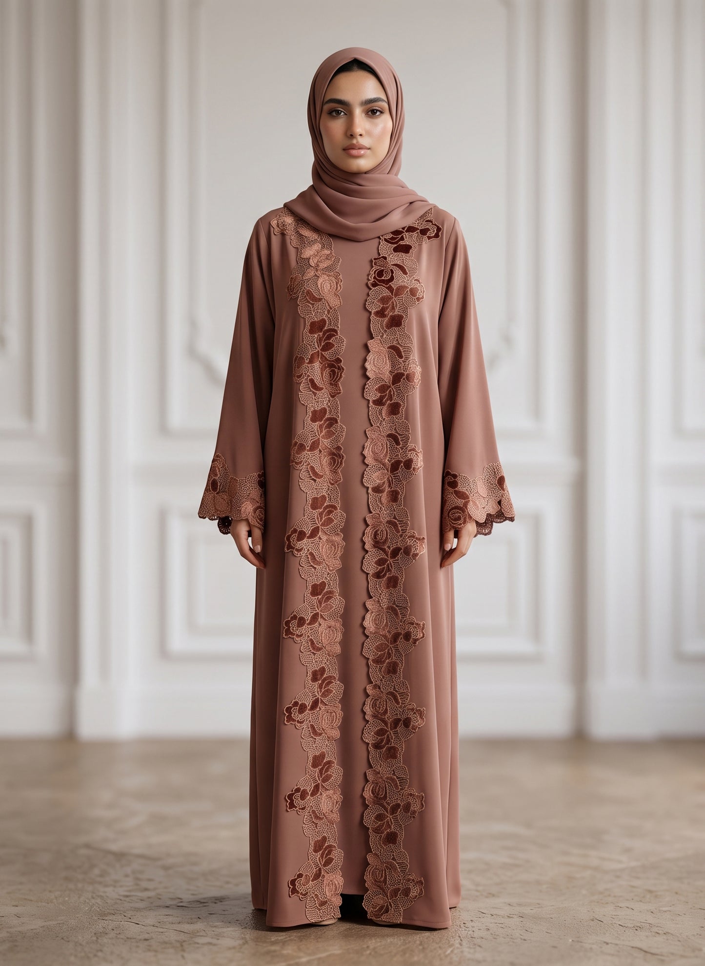 Muted-Rose-Appliqué-Lace-Bordered-Abaya-955