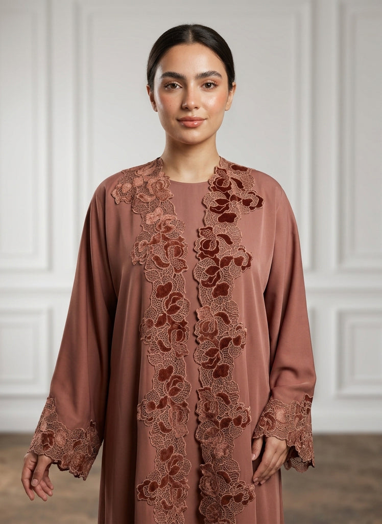 Muted-Rose-Appliqué-Lace-Bordered-Abaya-955