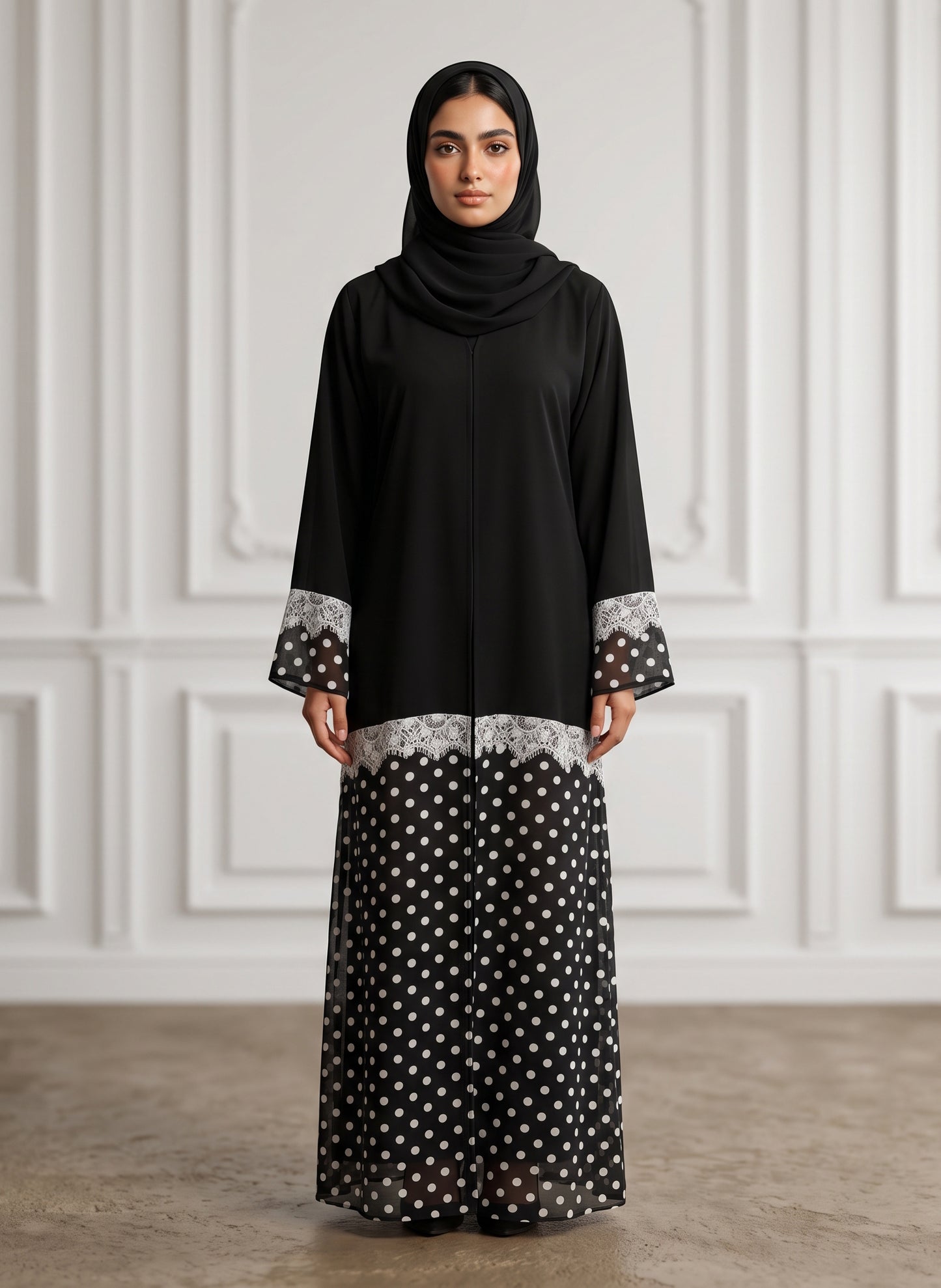 Monochrome-Lace-Trimmed-Polka-Dot-Abaya-956