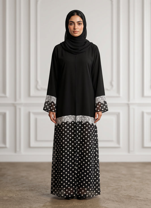 Monochrome-Lace-Trimmed-Polka-Dot-Abaya-956