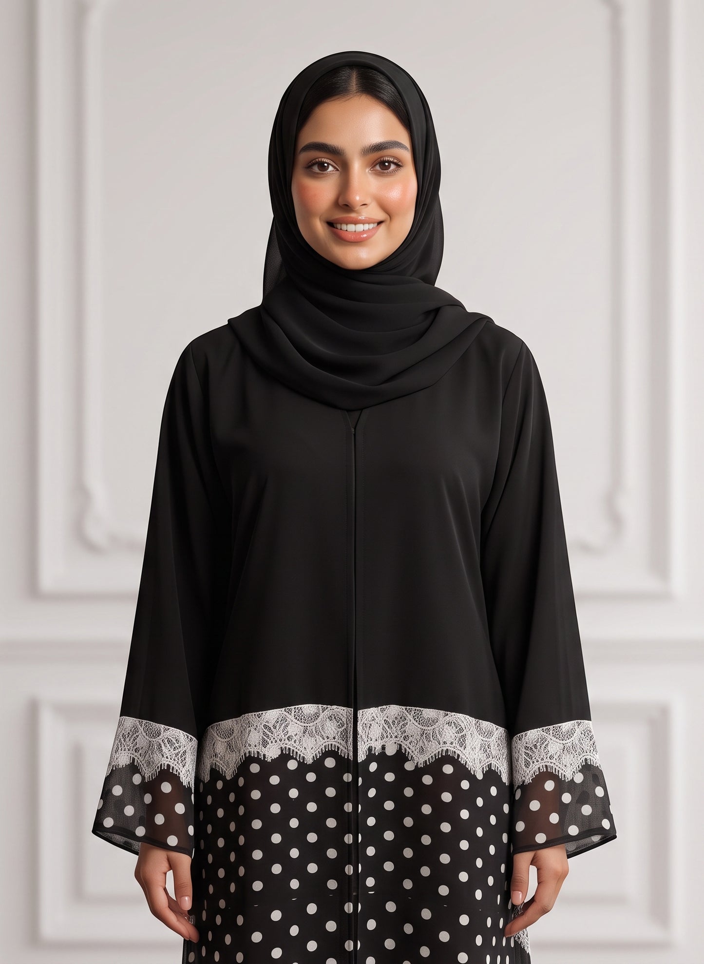 Monochrome-Lace-Trimmed-Polka-Dot-Abaya-956