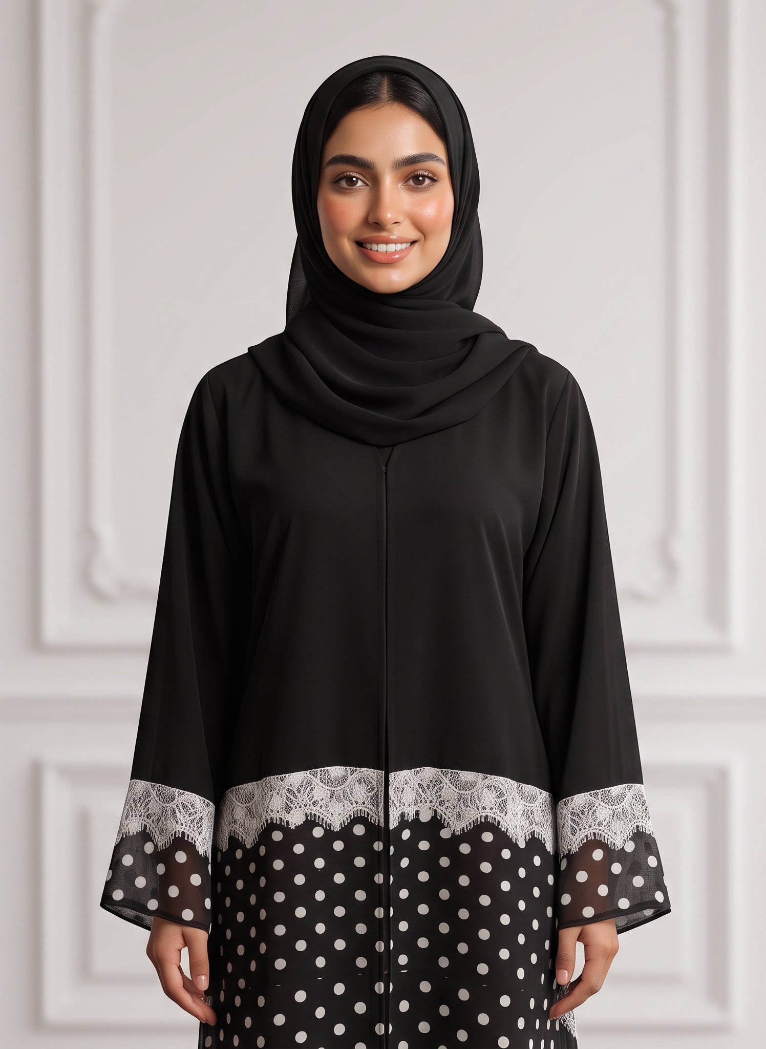 Monochrome-Lace-Trimmed-Polka-Dot-Abaya-956