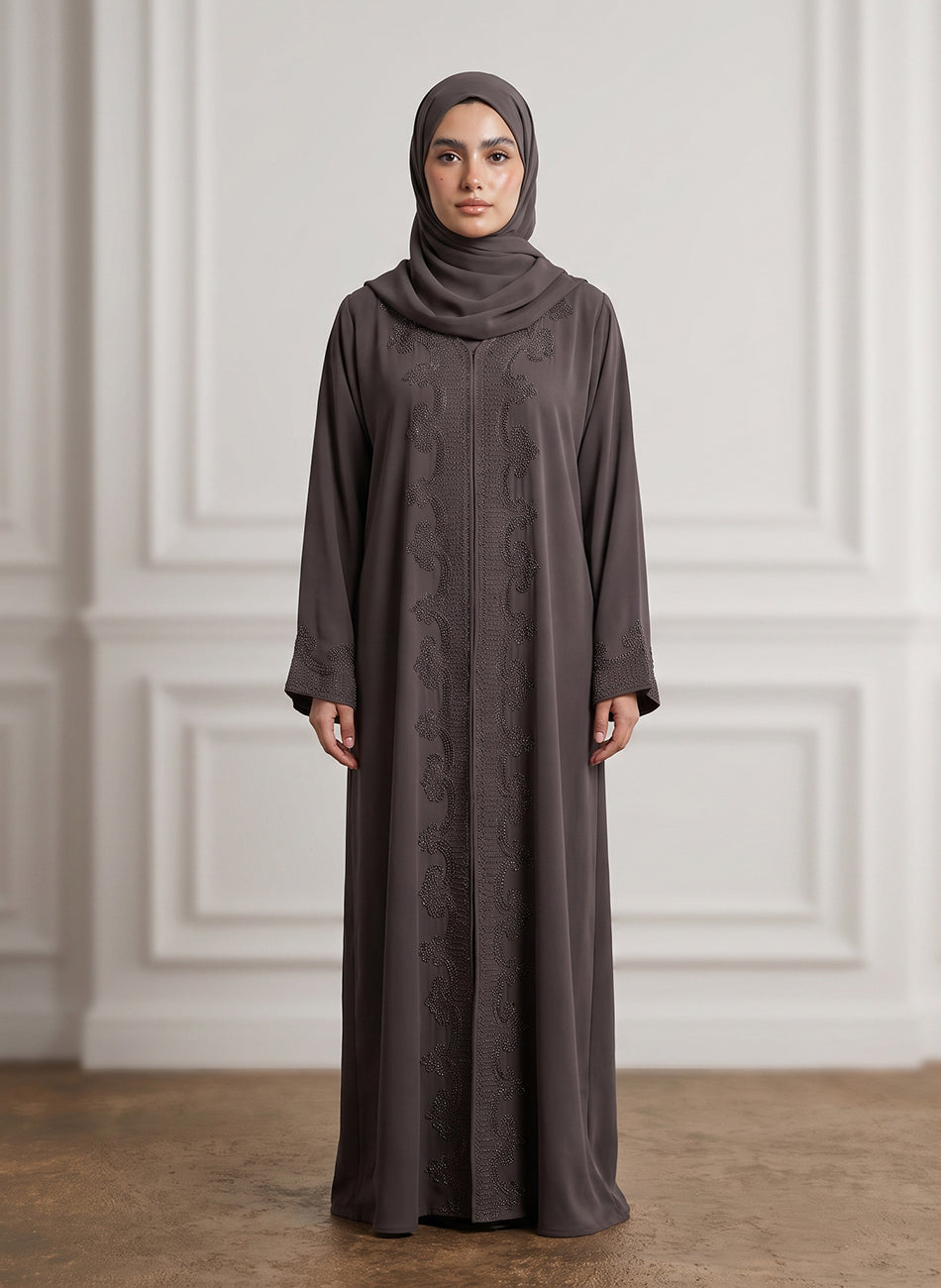 Charcoal-Taupe-Beaded-Lace-Crepe-Abaya-958