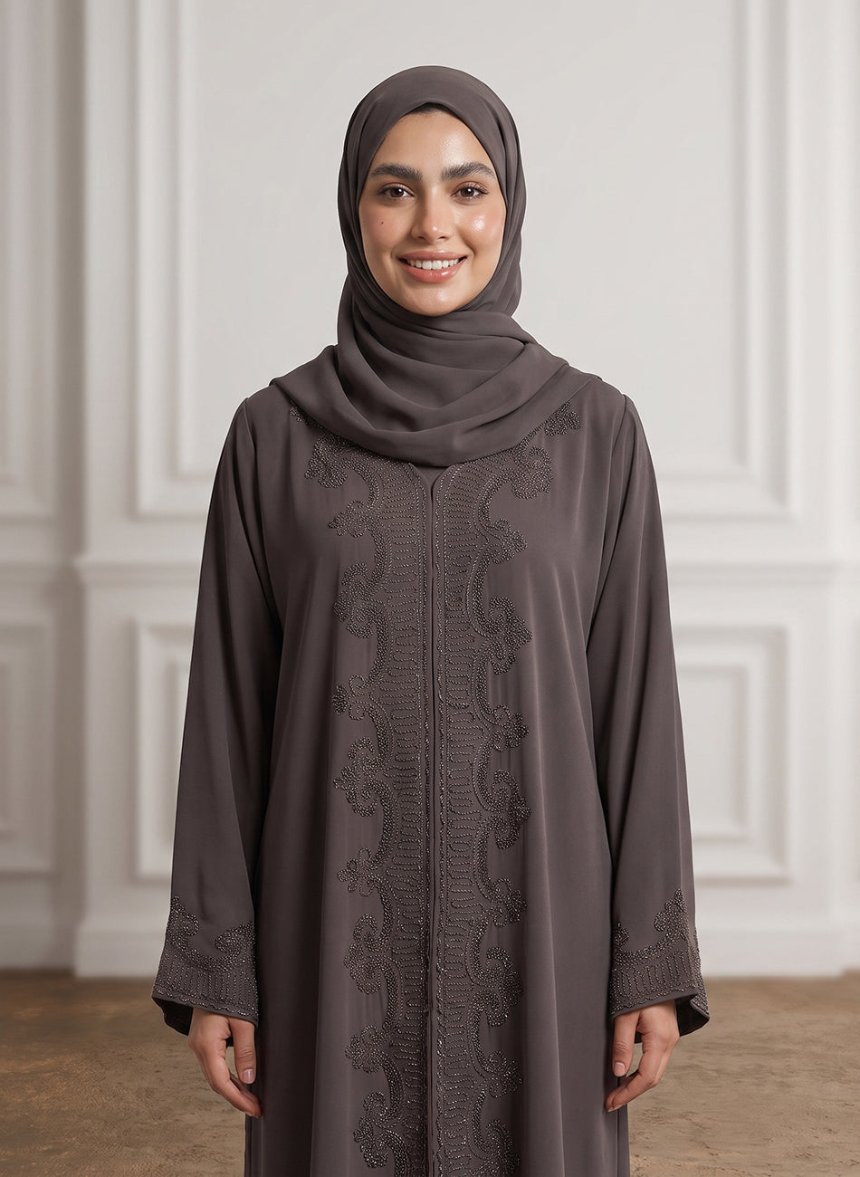 Charcoal-Taupe-Beaded-Lace-Crepe-Abaya-958
