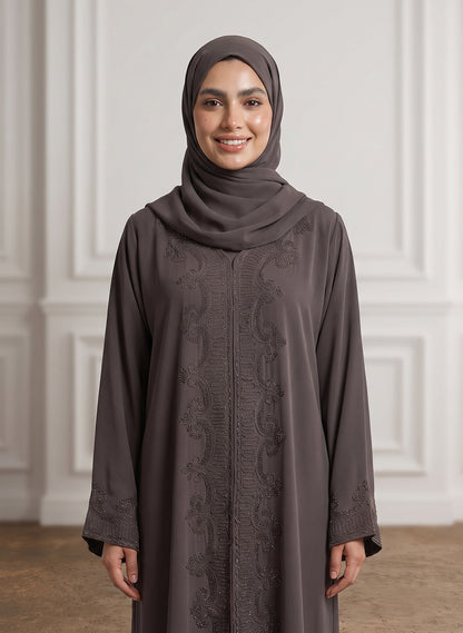 Charcoal-Taupe-Beaded-Lace-Crepe-Abaya-958