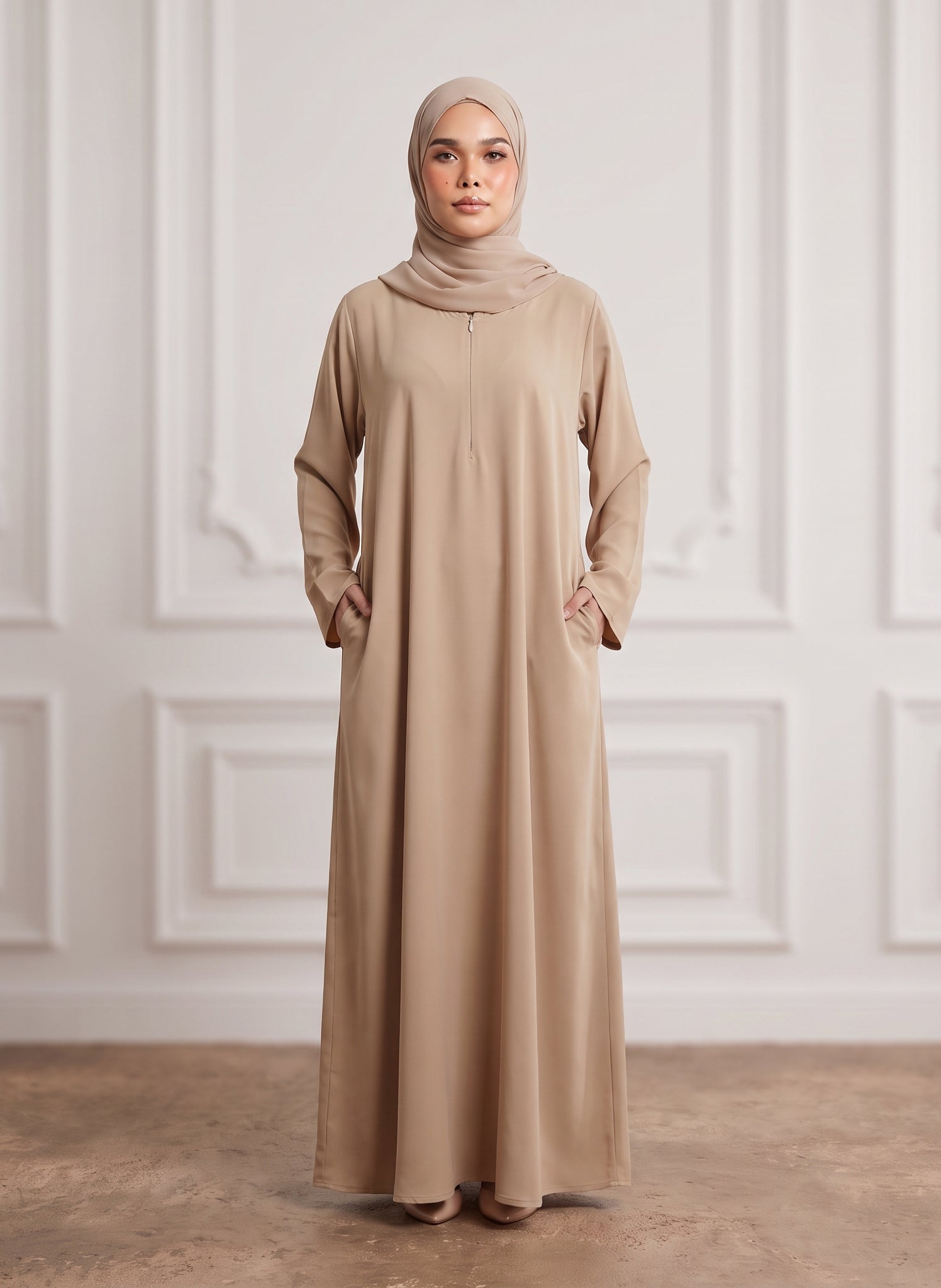 Sand-Beige-Front-Zip-Nida-Abaya-with-Inside-Belt-&-Pockets-960