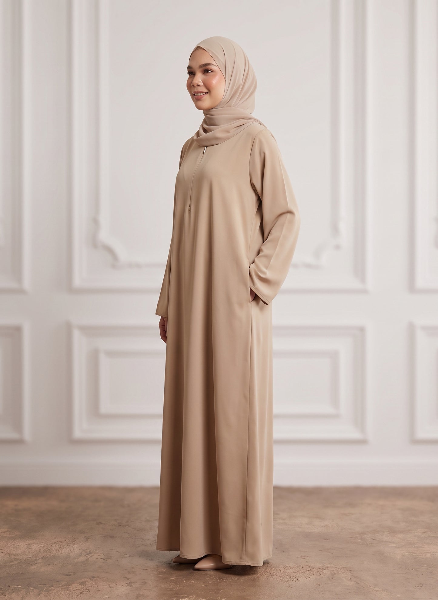 Sand-Beige-Front-Zip-Nida-Abaya-with-Inside-Belt-&-Pockets-960