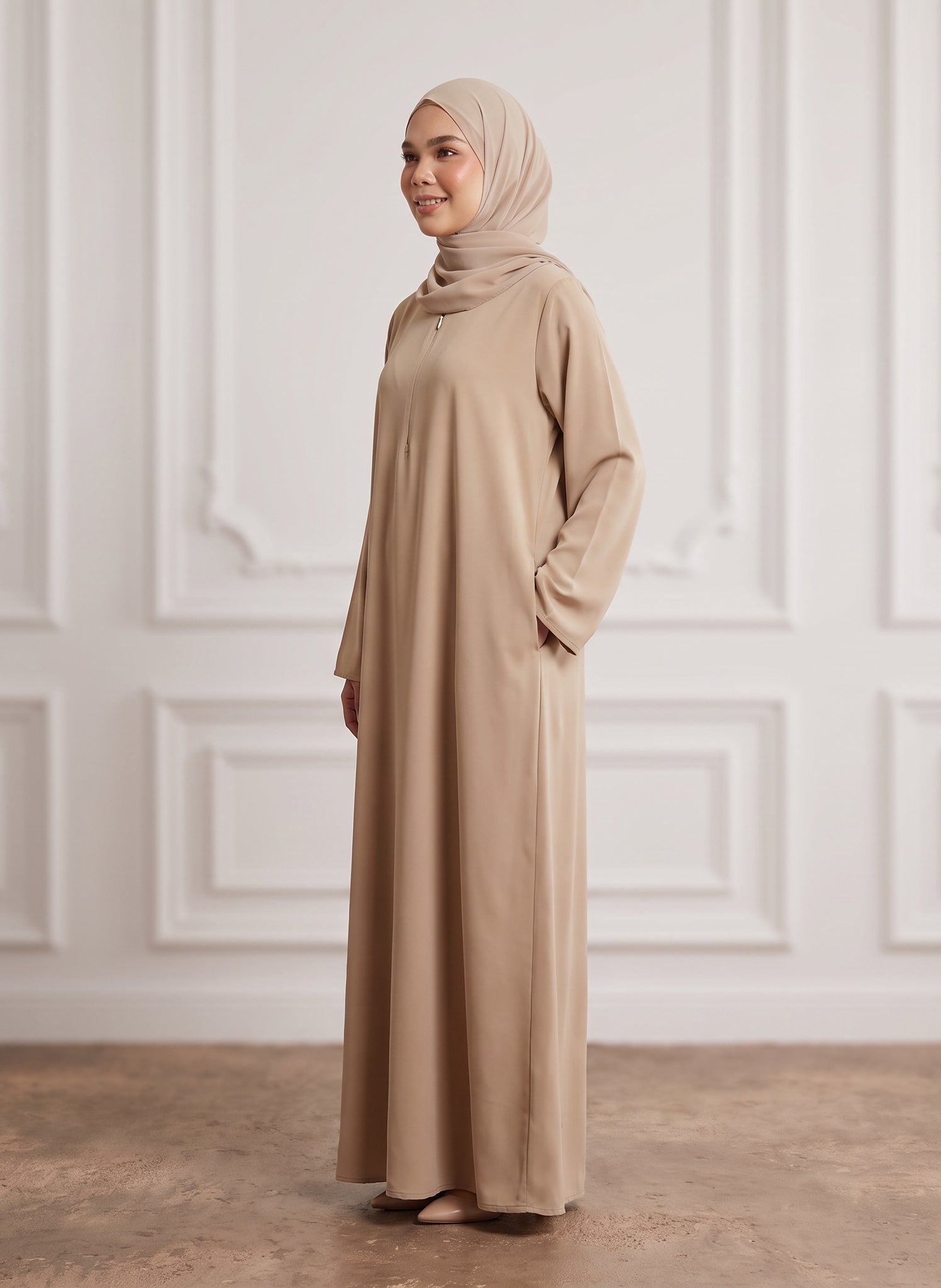 Sand-Beige-Front-Zip-Nida-Abaya-with-Inside-Belt-&-Pockets-960