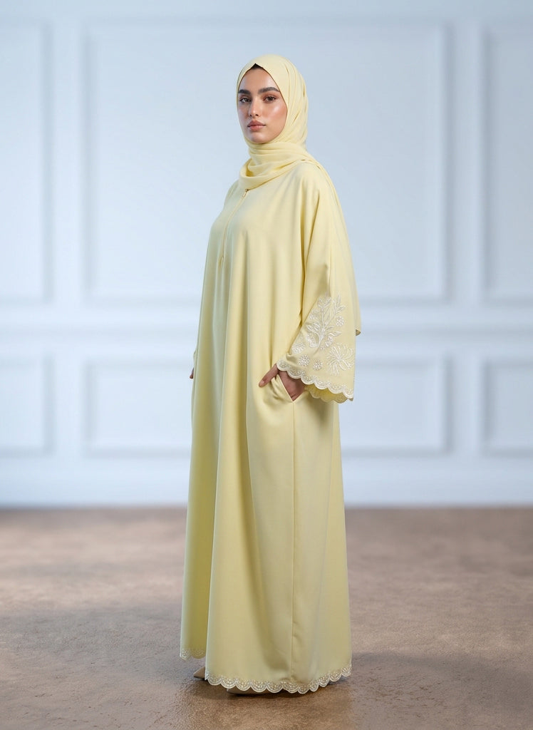 Pale-Yellow-Front-Zip-Embroidered-Sleeve-Nida-Abaya-with-Pockets-961