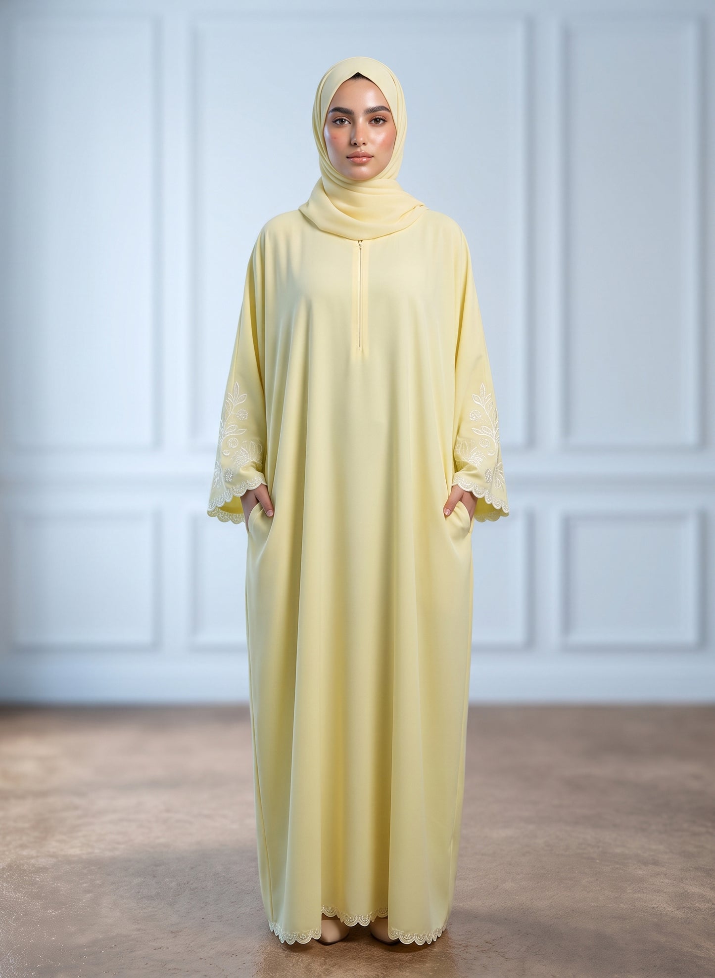 Pale-Yellow-Front-Zip-Embroidered-Sleeve-Nida-Abaya-with-Pockets-961