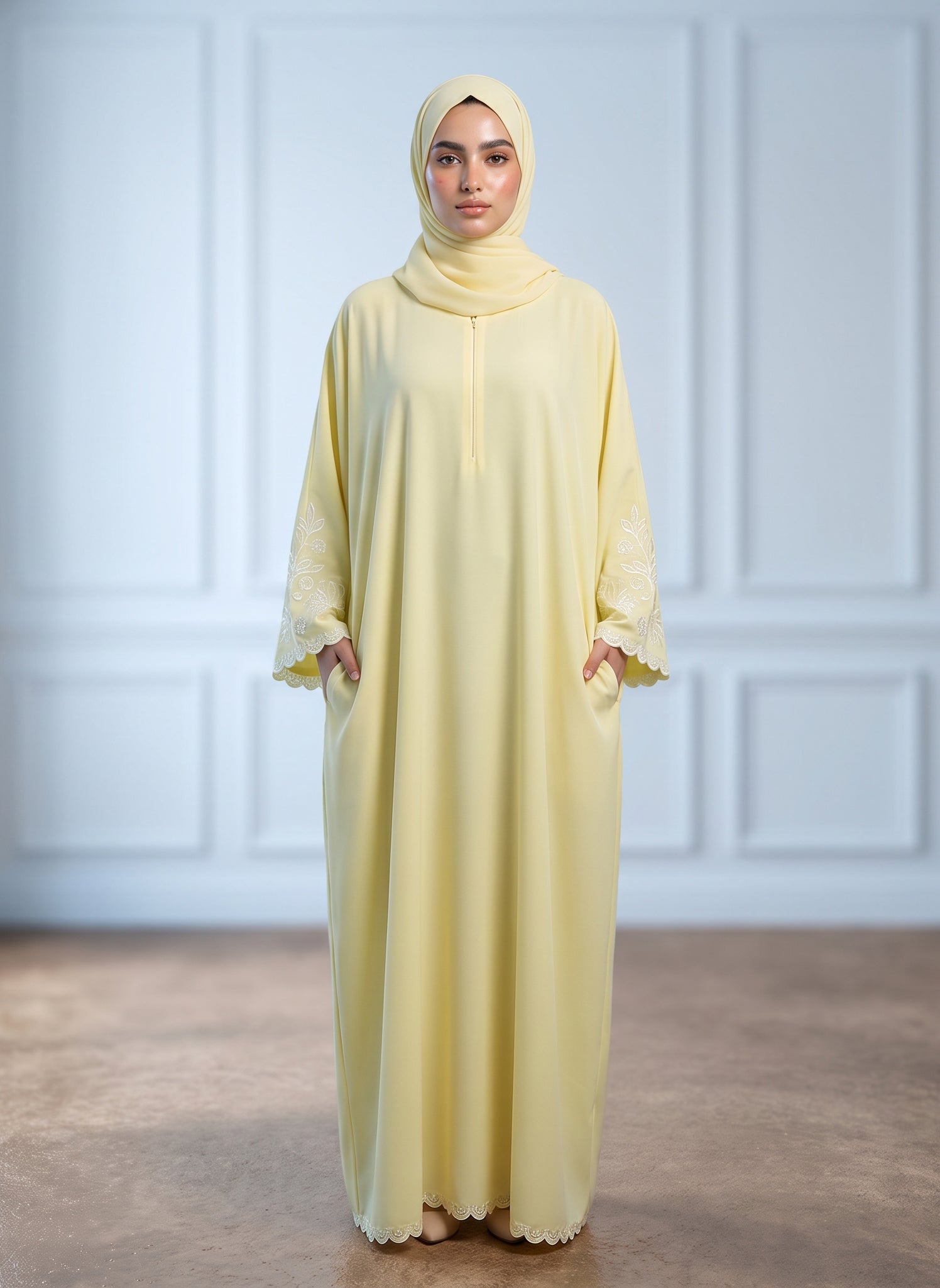 Pale-Yellow-Front-Zip-Embroidered-Sleeve-Nida-Abaya-with-Pockets-961