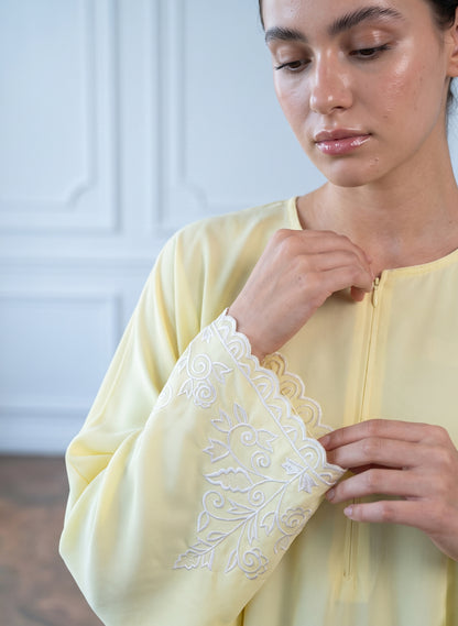 Pale-Yellow-Front-Zip-Embroidered-Sleeve-Nida-Abaya-with-Pockets-961