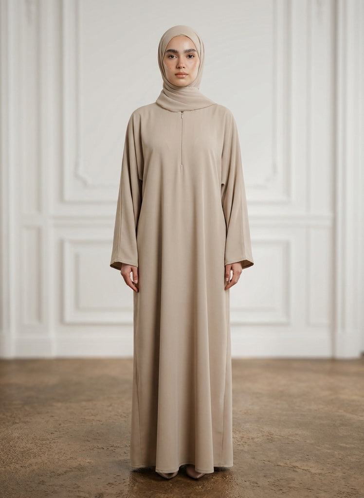 Sand-Beige-Front-Zip-Nida-Abaya-with-Inside-Belt-&-Pockets-962