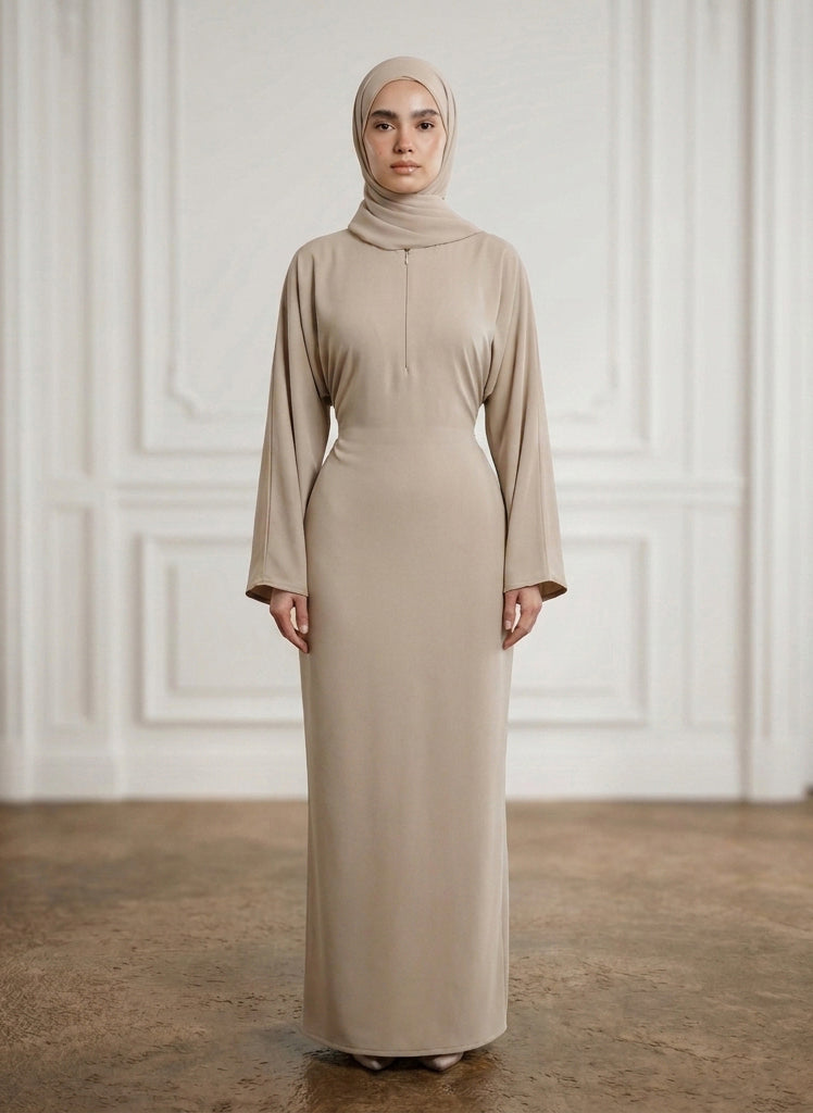 Sand-Beige-Front-Zip-Nida-Abaya-with-Inside-Belt-&-Pockets-962