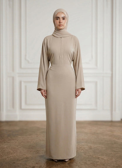 Sand-Beige-Front-Zip-Nida-Abaya-with-Inside-Belt-&-Pockets-962