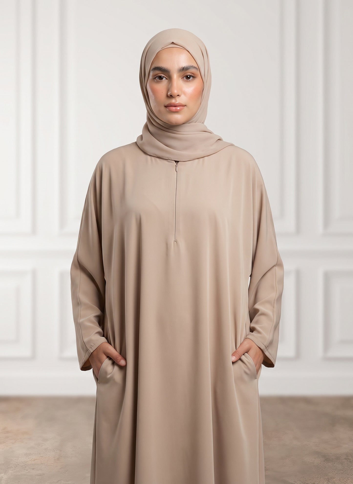 Sand-Beige-Front-Zip-Nida-Abaya-with-Inside-Belt-&-Pockets-962