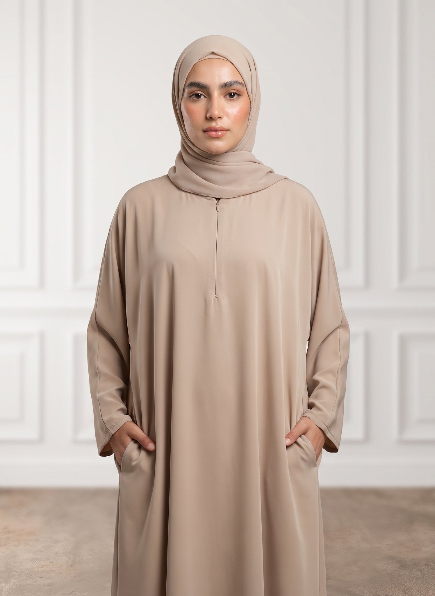 Sand-Beige-Front-Zip-Nida-Abaya-with-Inside-Belt-&-Pockets-962