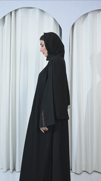 Stylish Black Nida Abaya with Intricate Cutwork Lace Detailing includes Hijab-639