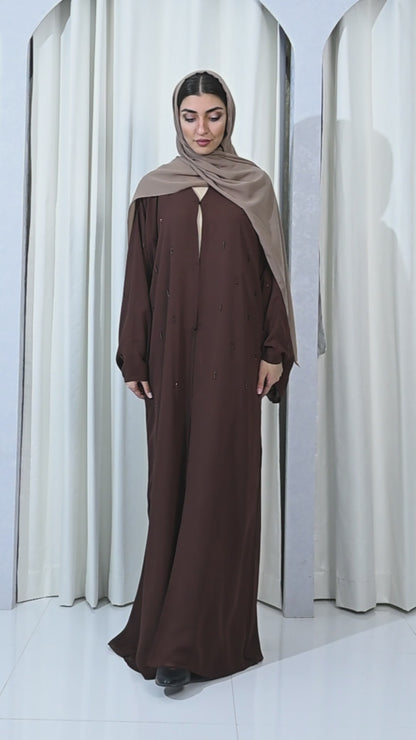 Chic Coffee Brown Double Chiffon Abaya with Beadwork and Matching Hijab-625