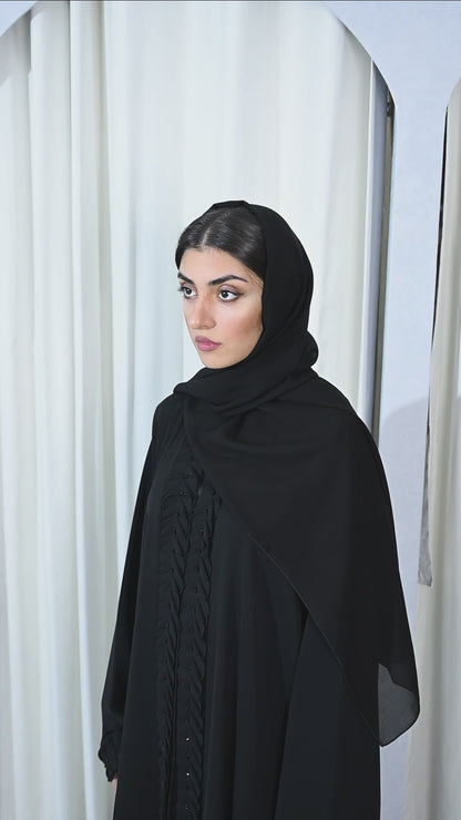 Trendy Black Nida Abaya with Intricate Pleat Borders embedded with Beadwork comes with Hijab-640