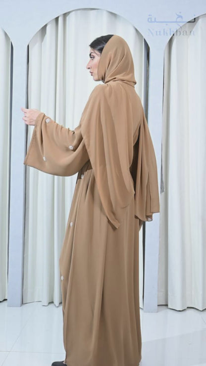 Luxury Dark Beige Double Chiffon Abaya with Beadwork includes Belt and Hijab-620